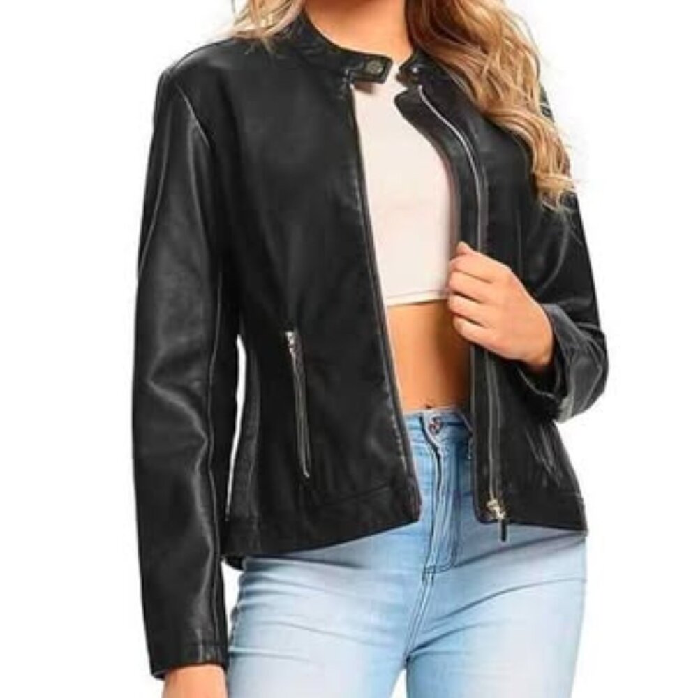 SPYM Womens Medium Faux Leather Jacket, Casual Fashion Zip Up Round Collar Coat